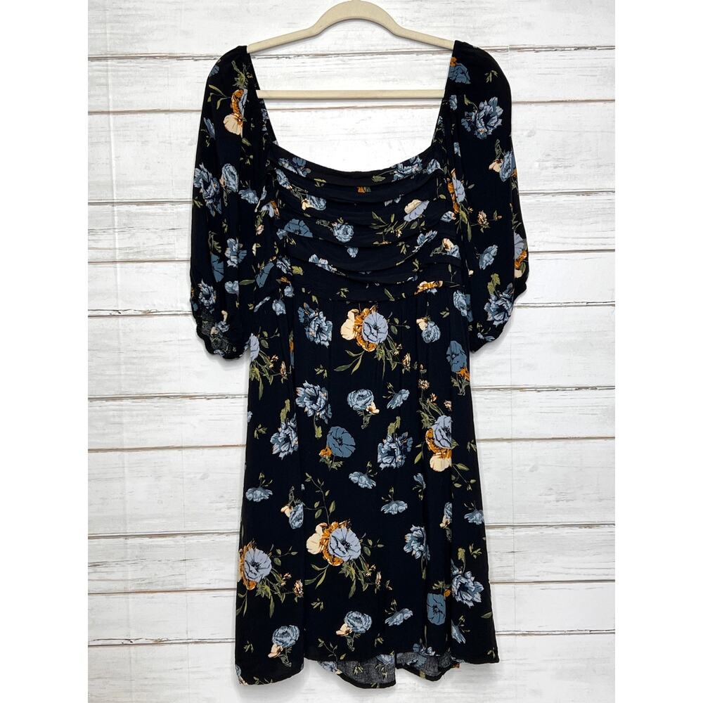 Maurices Plus Size 2X Black Floral Mini Dress Square Neck Puff Sleeve Boho